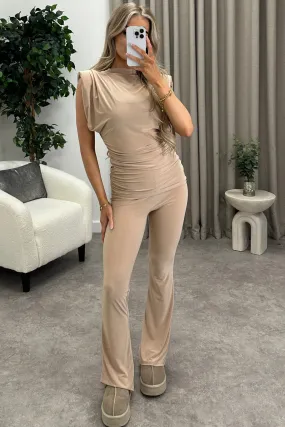 Amanda Beige Slinky Ruched Top and Fold Over Wide Leg Trousers Co-Ord Set