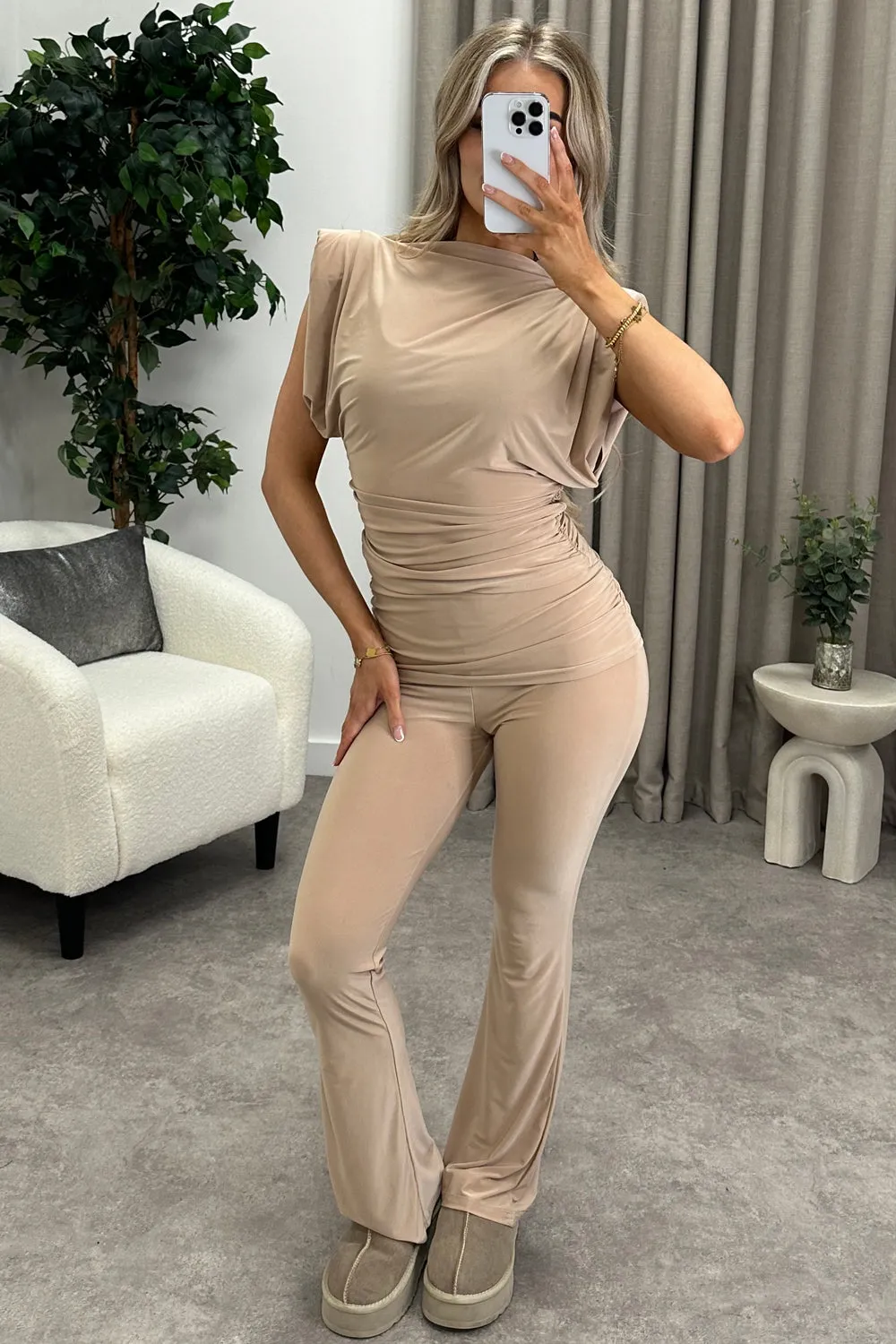 Amanda Beige Slinky Ruched Top and Fold Over Wide Leg Trousers Co-Ord Set