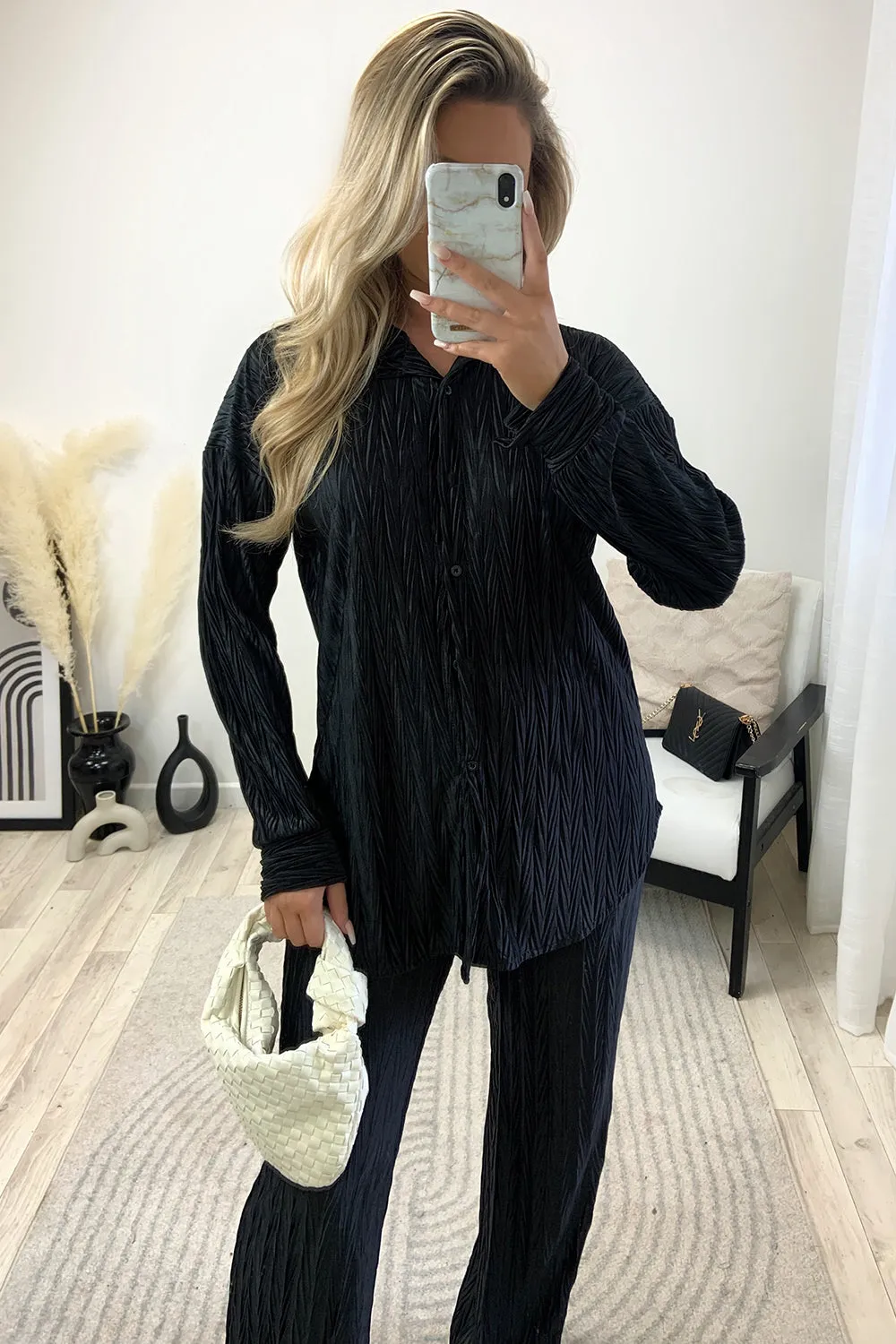 Amya Black Textured Plisse Oversized Shirt and Trouser Co-Ord Set