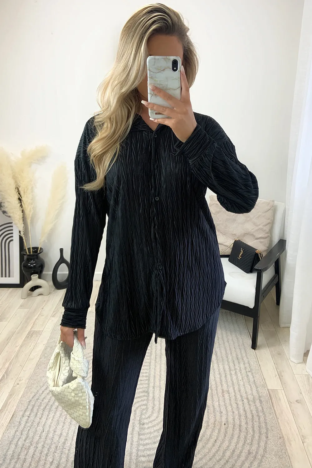 Amya Black Textured Plisse Oversized Shirt and Trouser Co-Ord Set