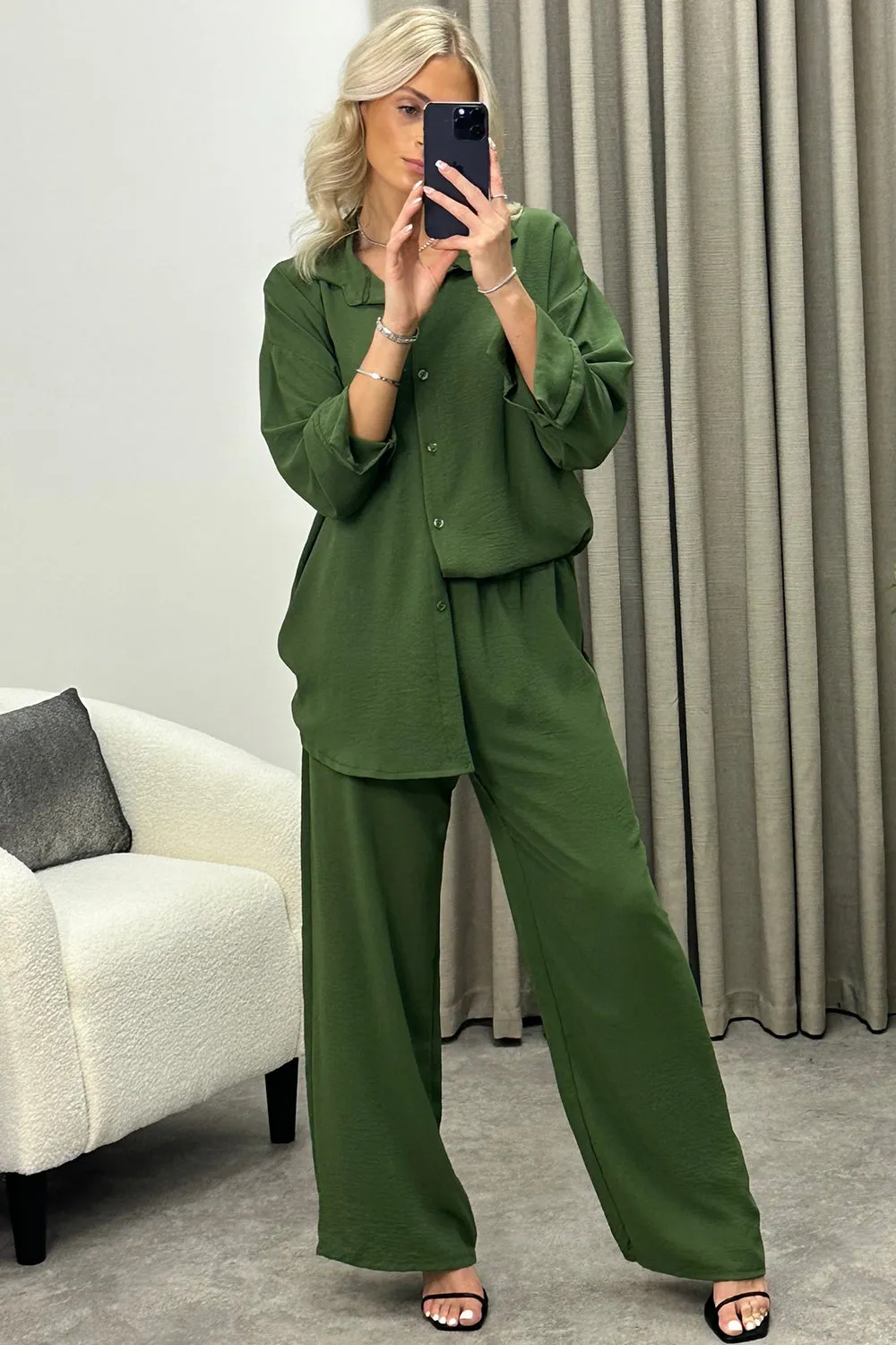 Ariana Khaki Oversized Shirt and Trousers Co-Ord Set