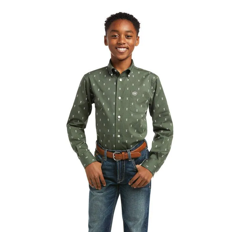 Ariat Boy's Hemlock Green Button Up Classic Fit Western Shirt 10038075