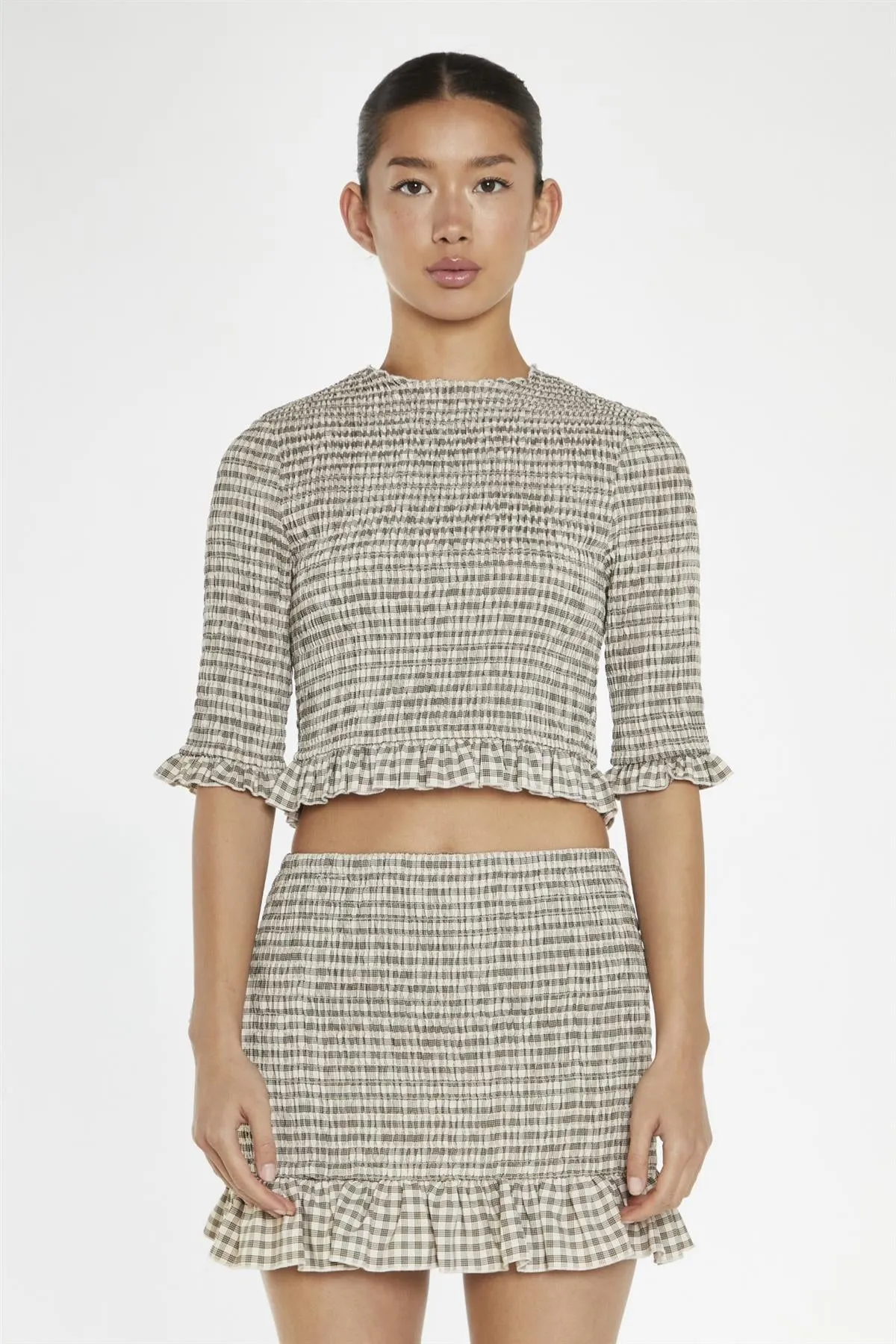 Beige-Black Check Shirred Mini-Skirt