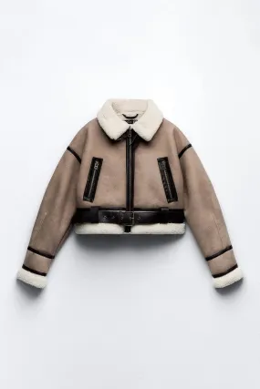 Beige Sherpa Lining Women's Suede Jacket