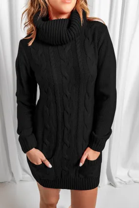 Black Cowl Neck Pockets Cable Knit Sweater Dress