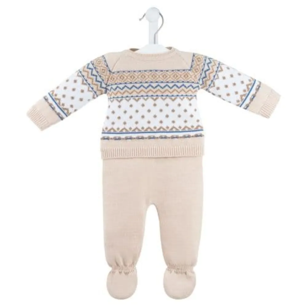 Boys Fairisle Knitted Beige 2 Piece Set