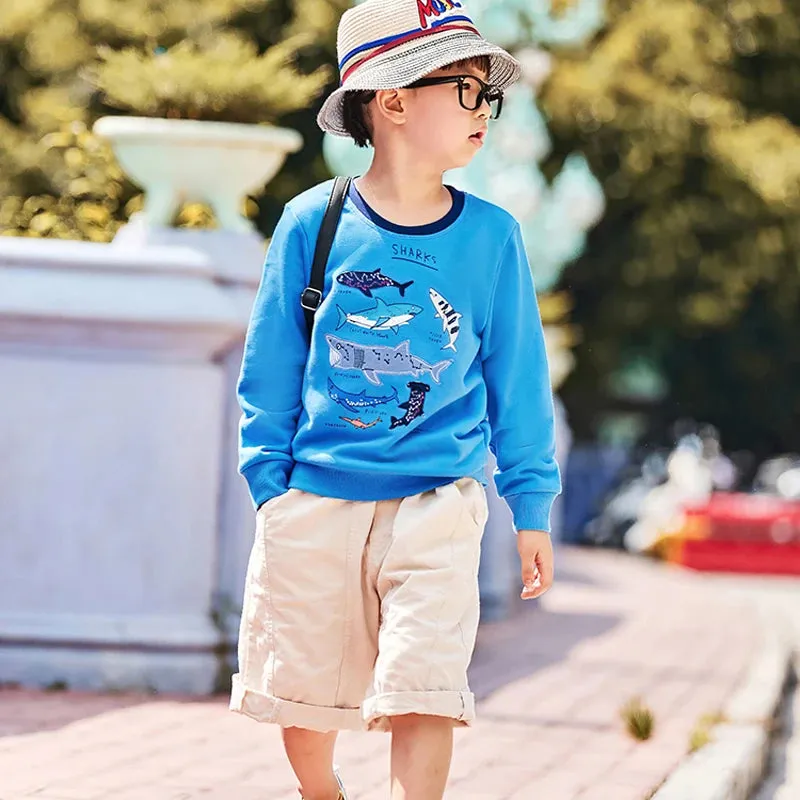 Boys Long Shark Embroidery Sweatshirts