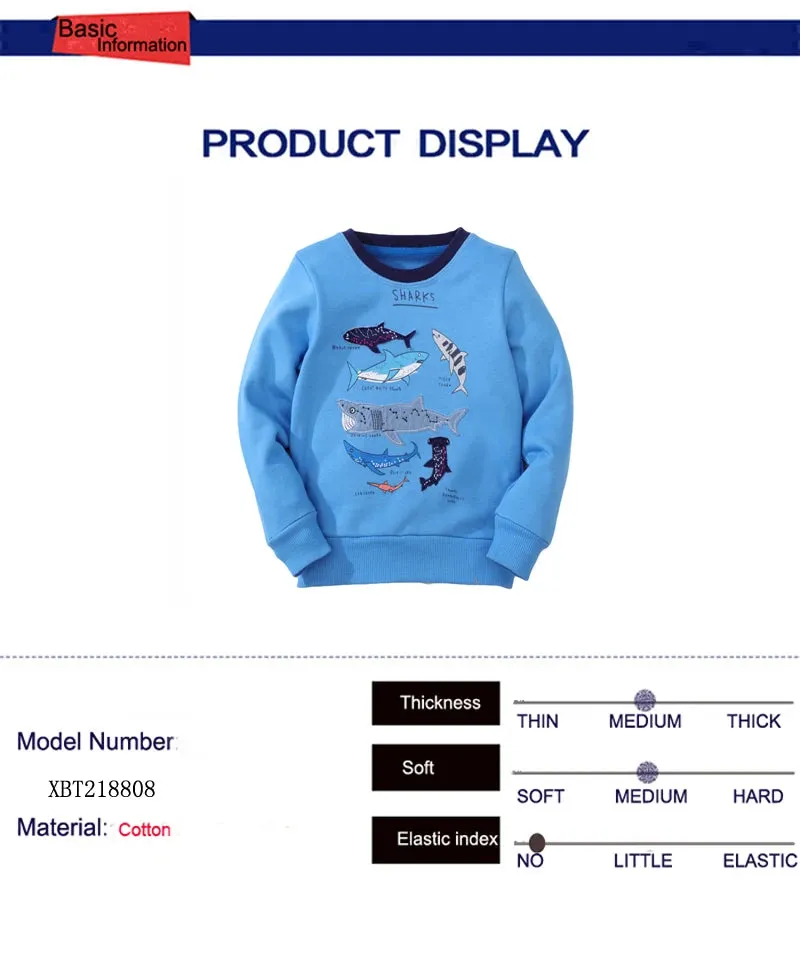 Boys Long Shark Embroidery Sweatshirts