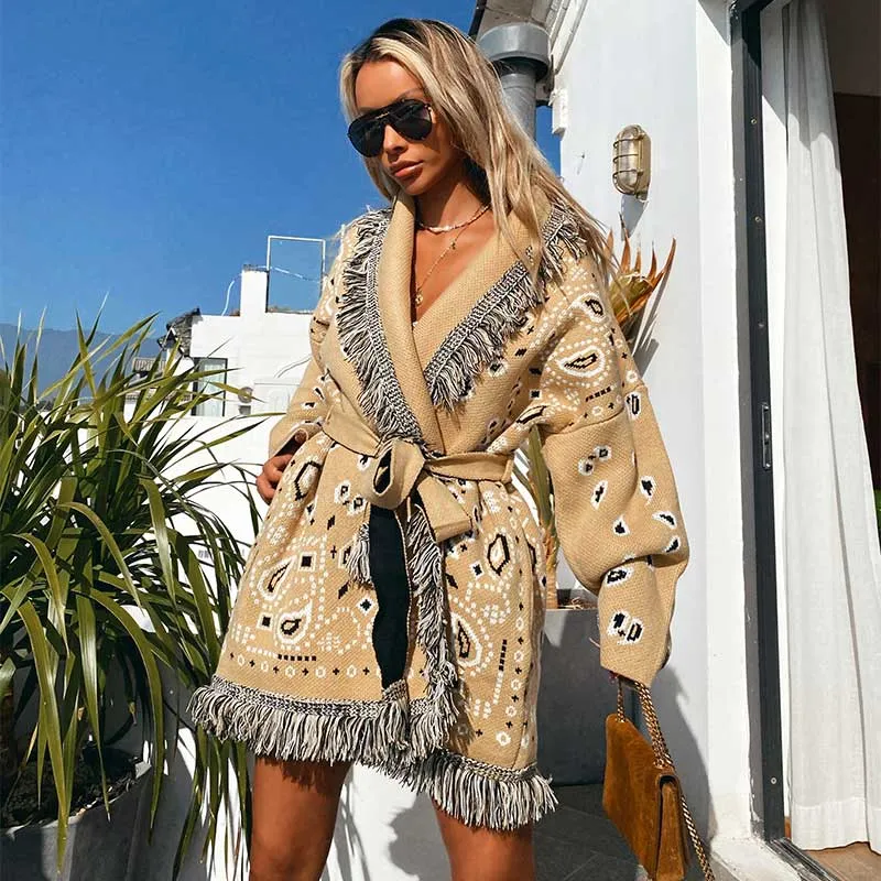 Cashmere Bandana Print Cardigan Tan Fringed Lapel Boho Long Winter Coat Beige White Black Paisley Southwestern Sweater Jacket Available In Sizes Small Medium Or Large