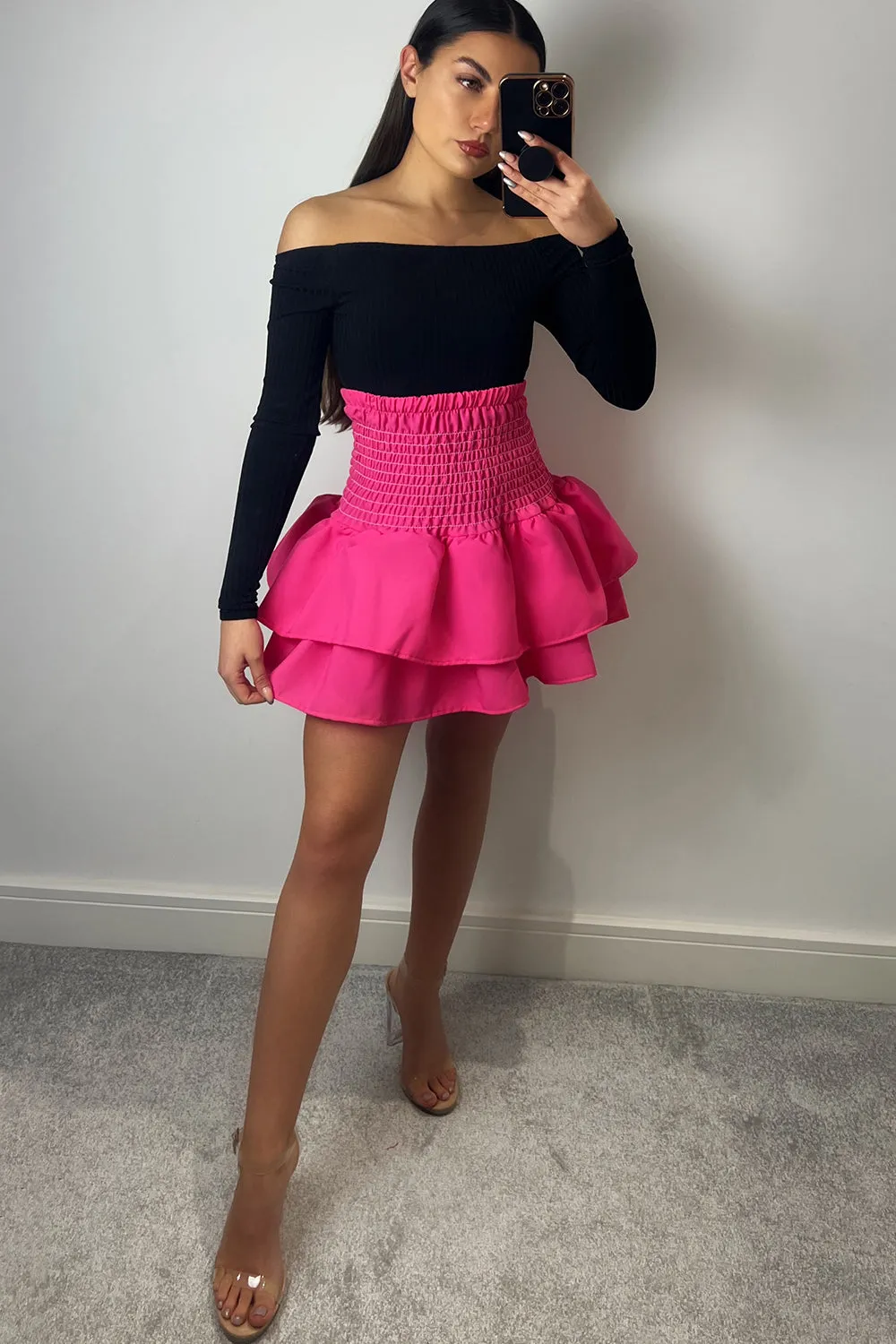 Cece Hot Pink Shirred Waist Ruffle Hem Mini Skirt