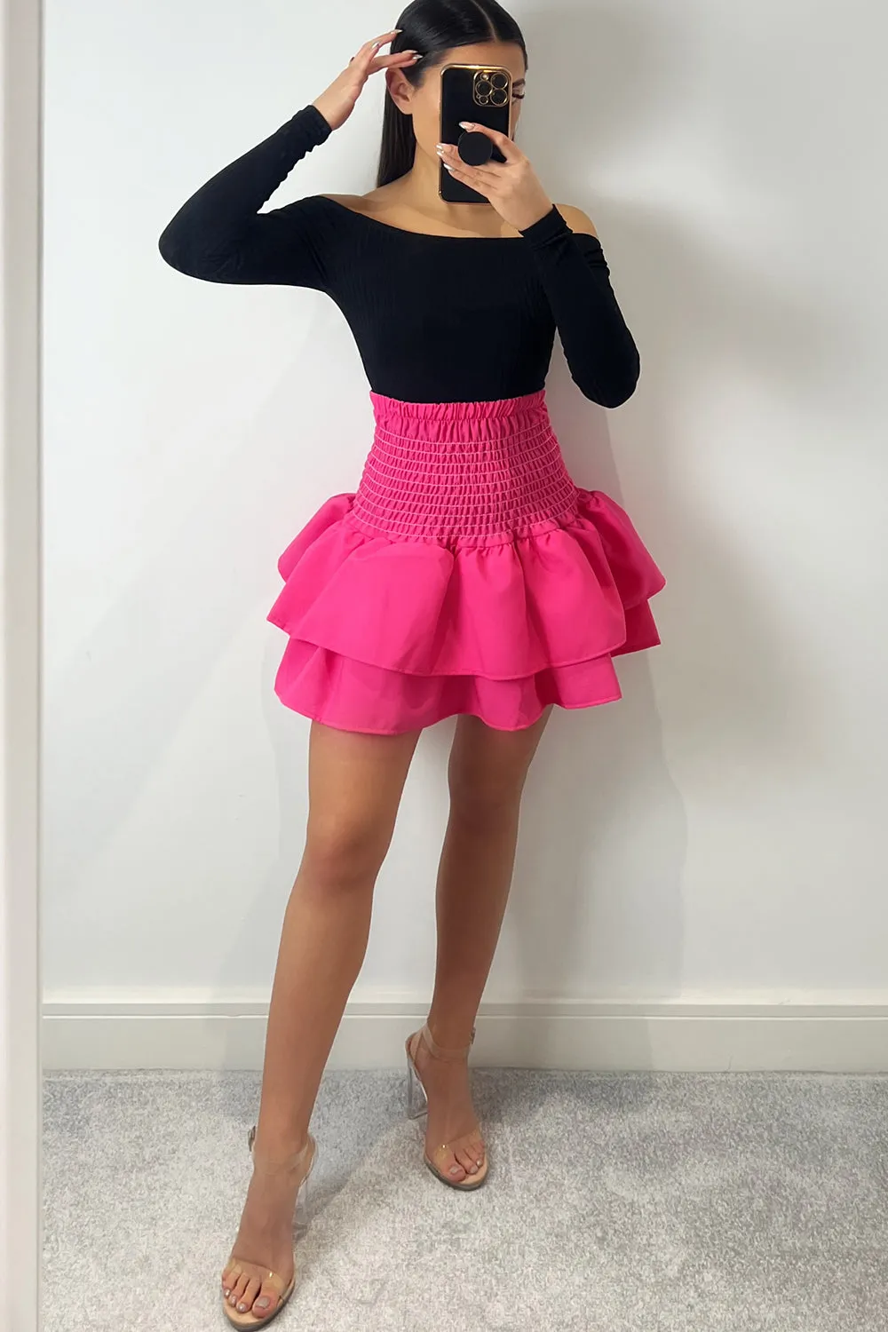 Cece Hot Pink Shirred Waist Ruffle Hem Mini Skirt