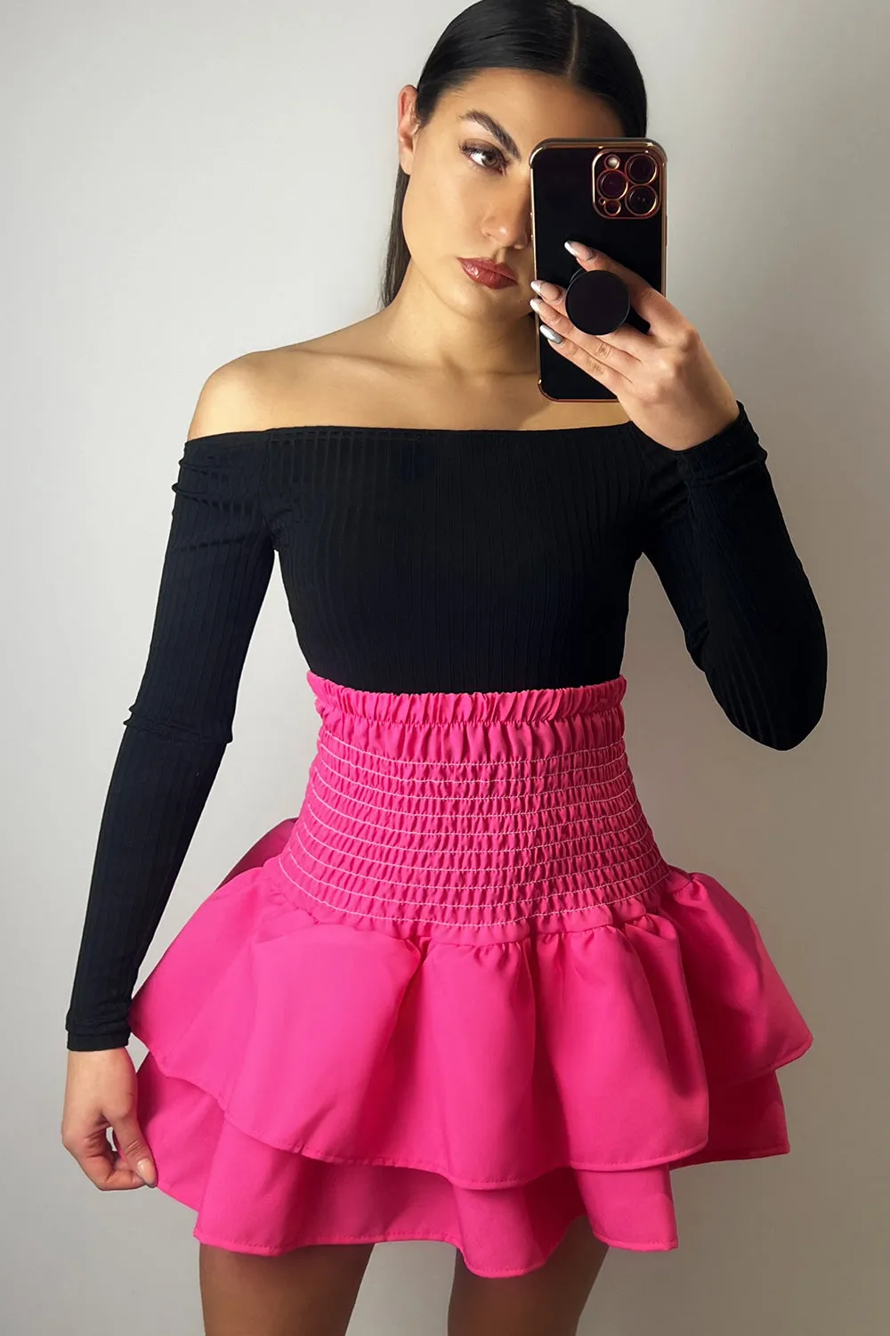 Cece Hot Pink Shirred Waist Ruffle Hem Mini Skirt