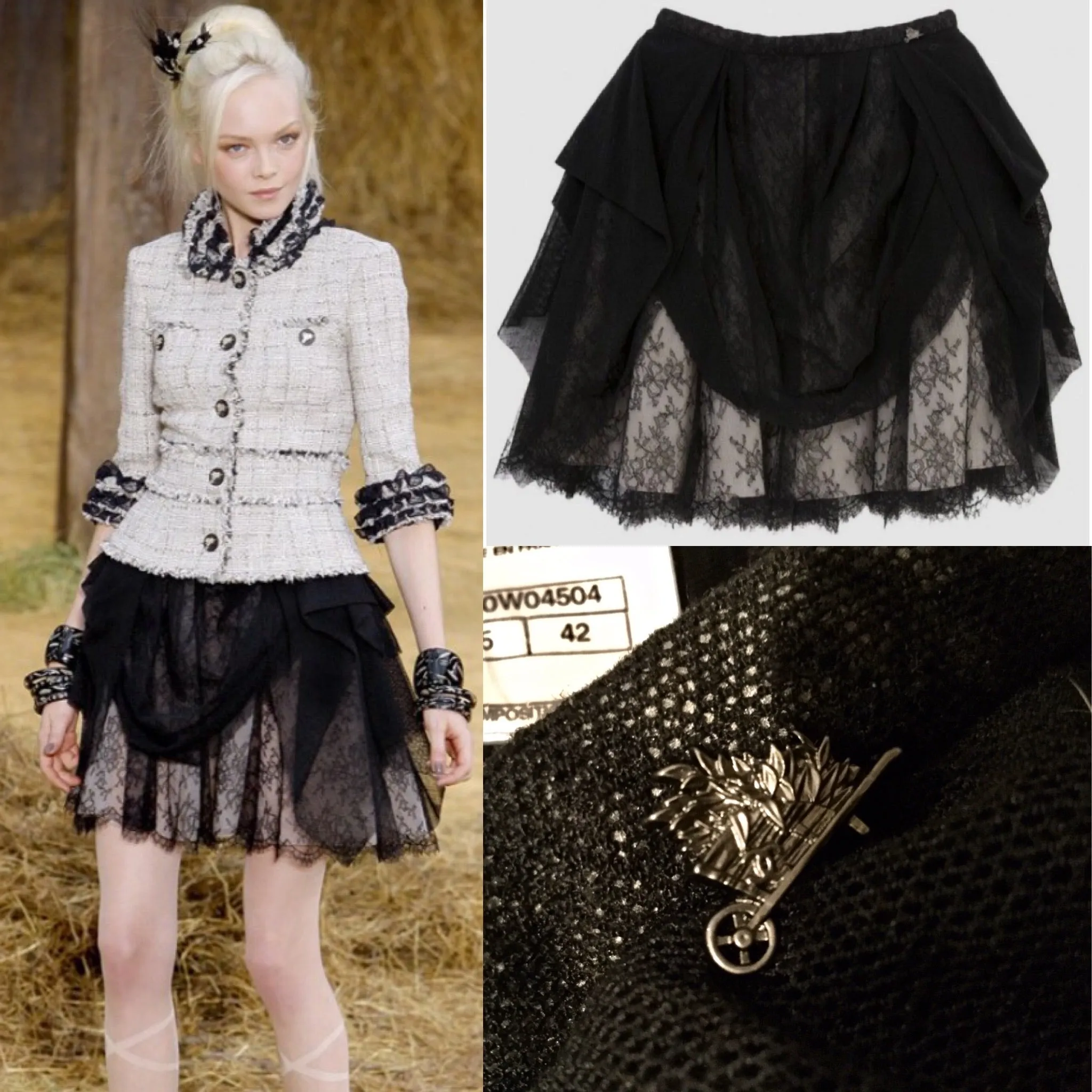 Chanel 10P, 2010 Spring Black Tulle Layered Lace Skirt FR 42 US 4/6