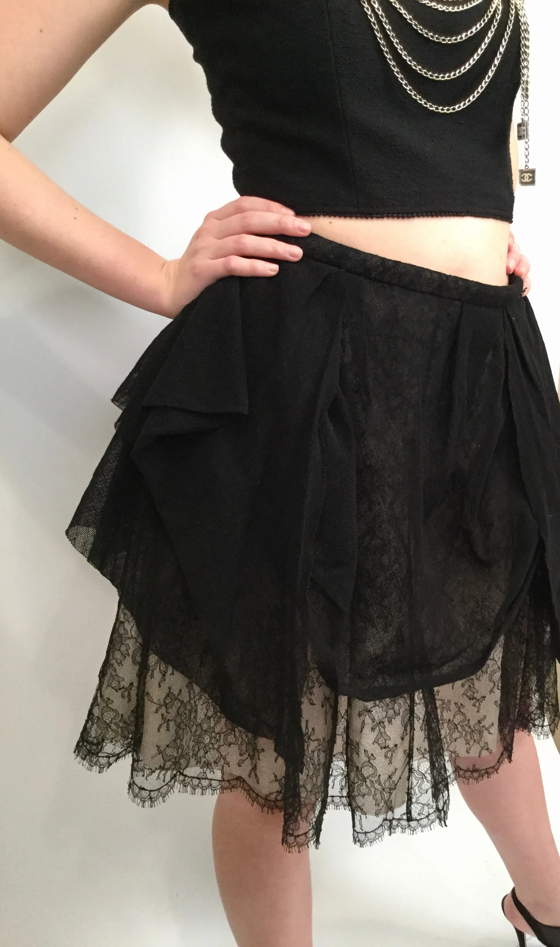 Chanel 10P, 2010 Spring Black Tulle Layered Lace Skirt FR 42 US 4/6