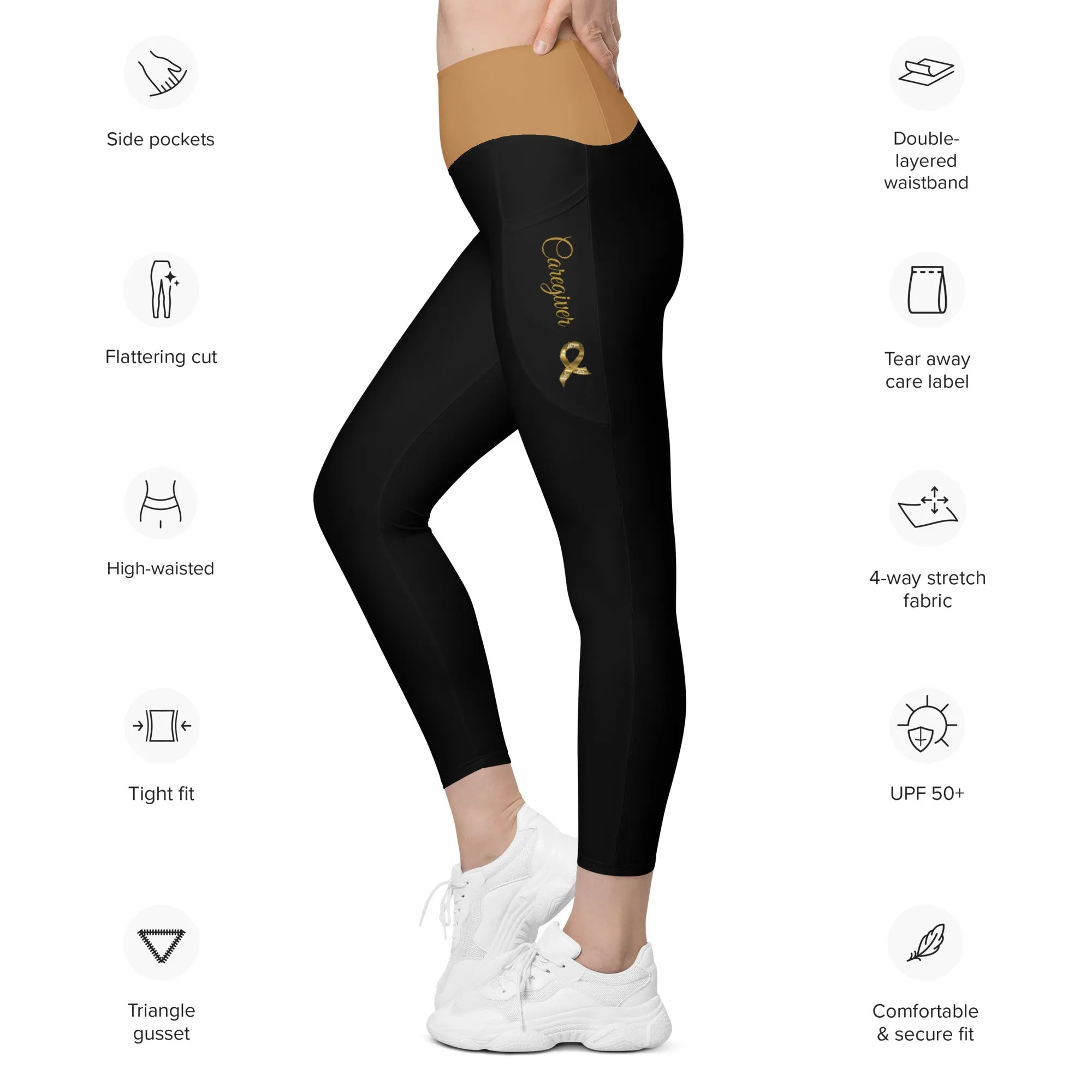 Childhood Cancer "Caregiver" Leggings with Pockets (Black/Gold)(2XS-6XL)