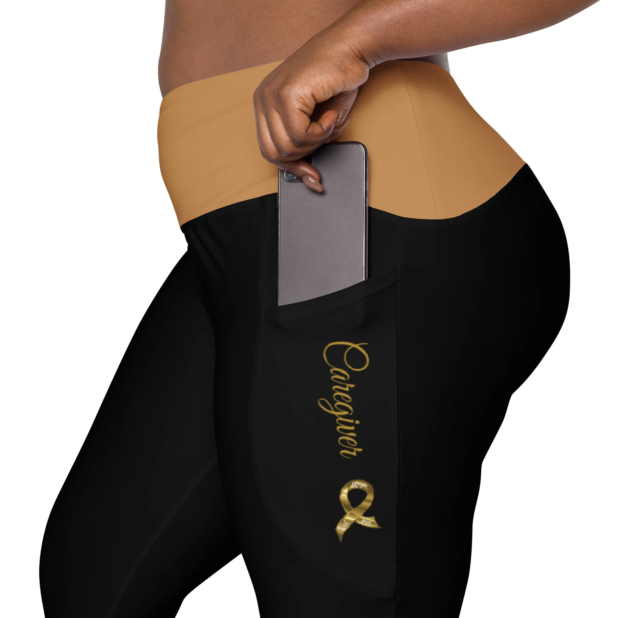 Childhood Cancer "Caregiver" Leggings with Pockets (Black/Gold)(2XS-6XL)