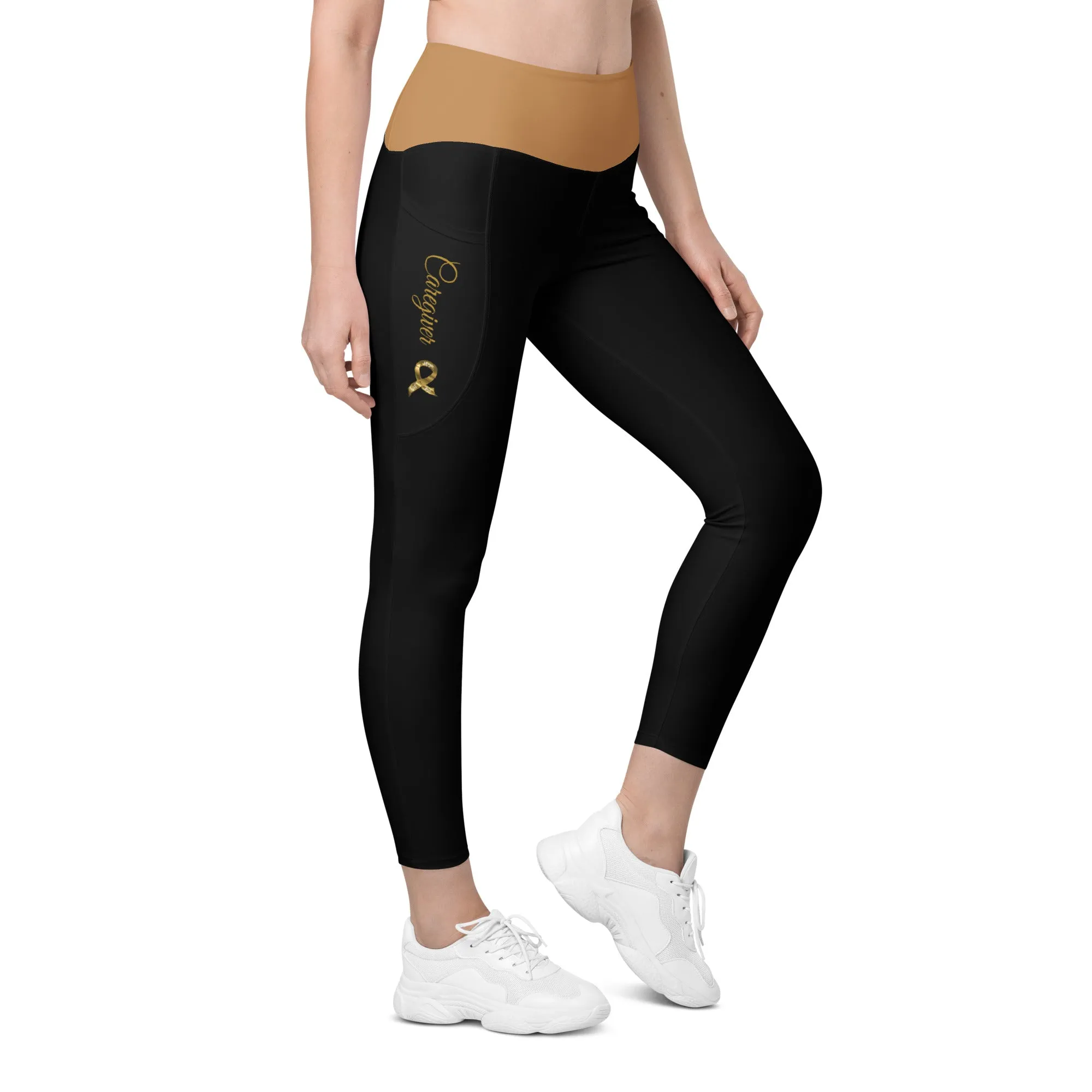 Childhood Cancer "Caregiver" Leggings with Pockets (Black/Gold)(2XS-6XL)