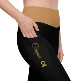 Childhood Cancer "Caregiver" Leggings with Pockets (Black/Gold)(2XS-6XL)