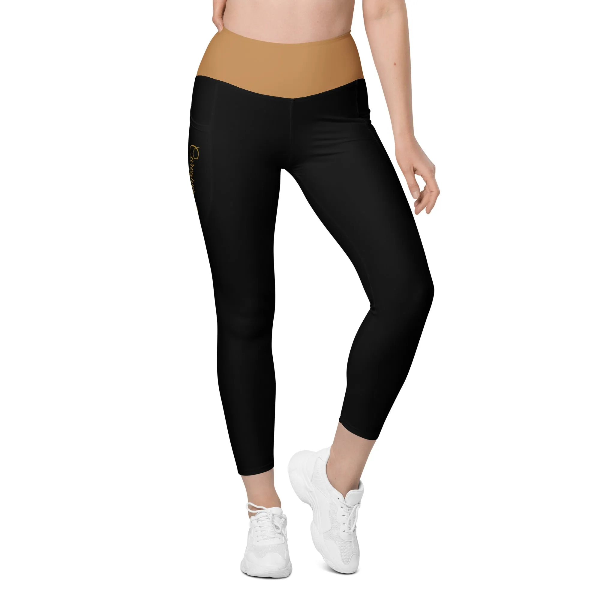 Childhood Cancer "Caregiver" Leggings with Pockets (Black/Gold)(2XS-6XL)