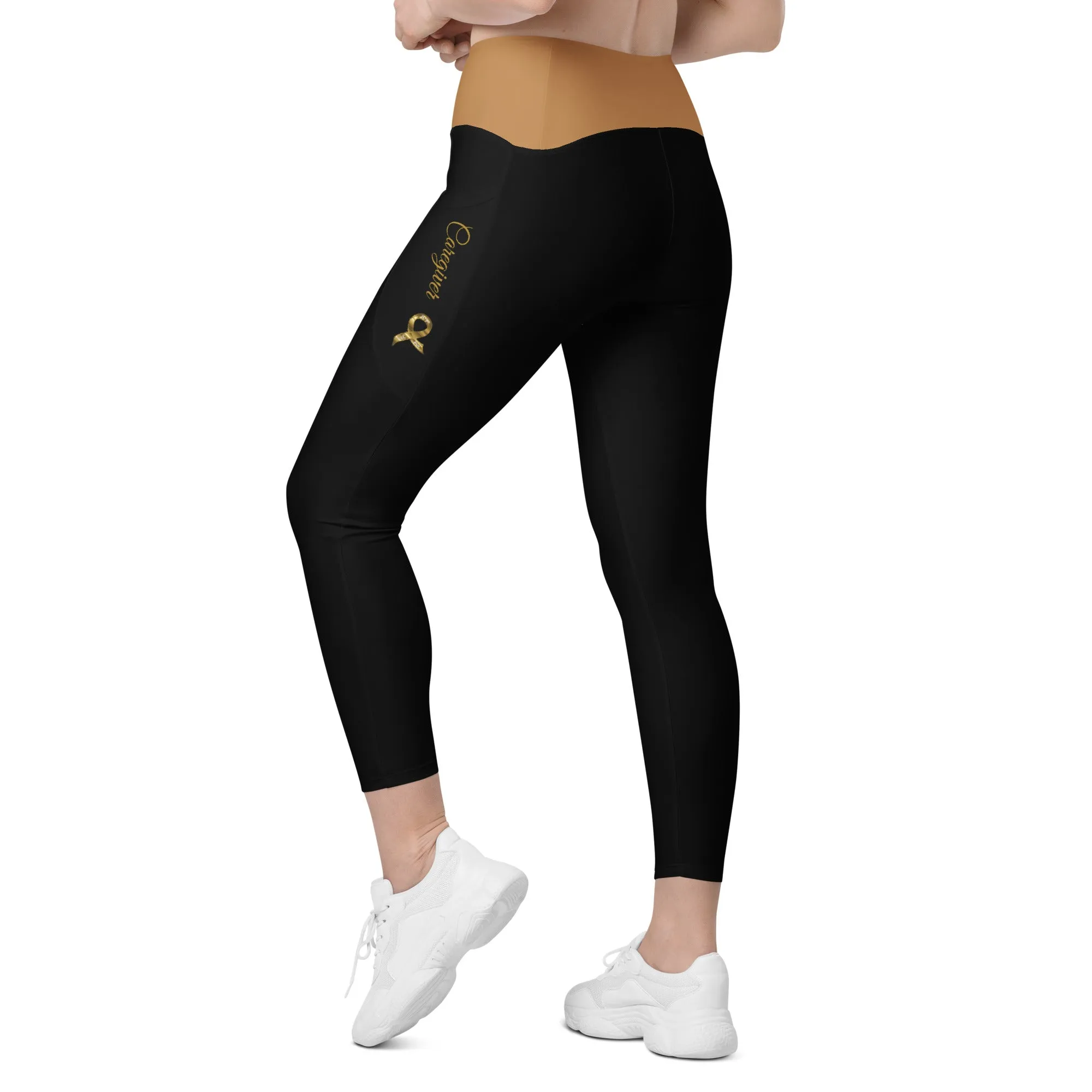 Childhood Cancer "Caregiver" Leggings with Pockets (Black/Gold)(2XS-6XL)