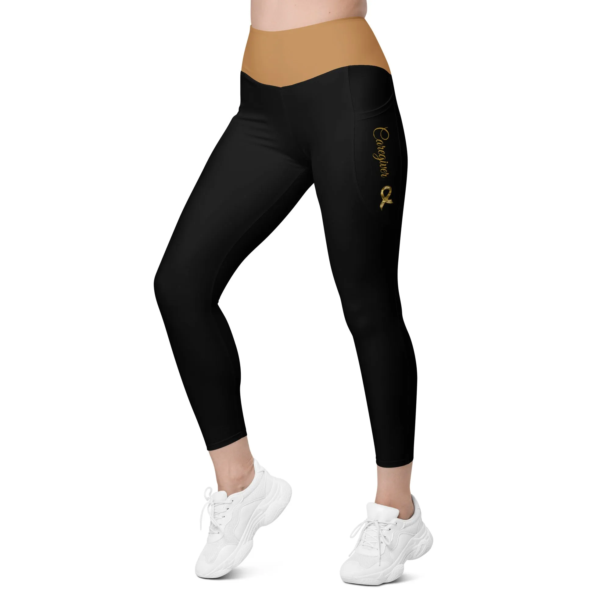 Childhood Cancer "Caregiver" Leggings with Pockets (Black/Gold)(2XS-6XL)