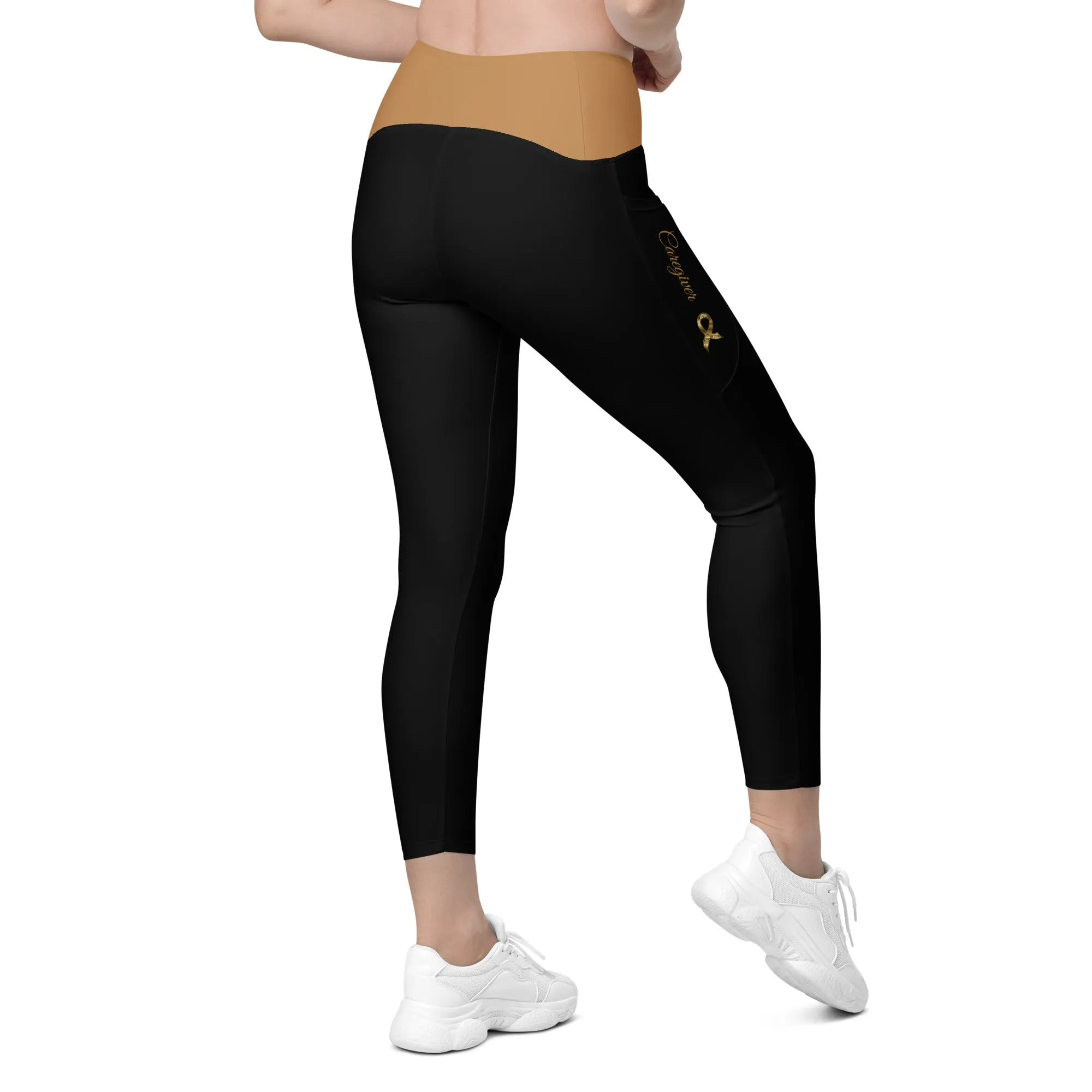 Childhood Cancer "Caregiver" Leggings with Pockets (Black/Gold)(2XS-6XL)