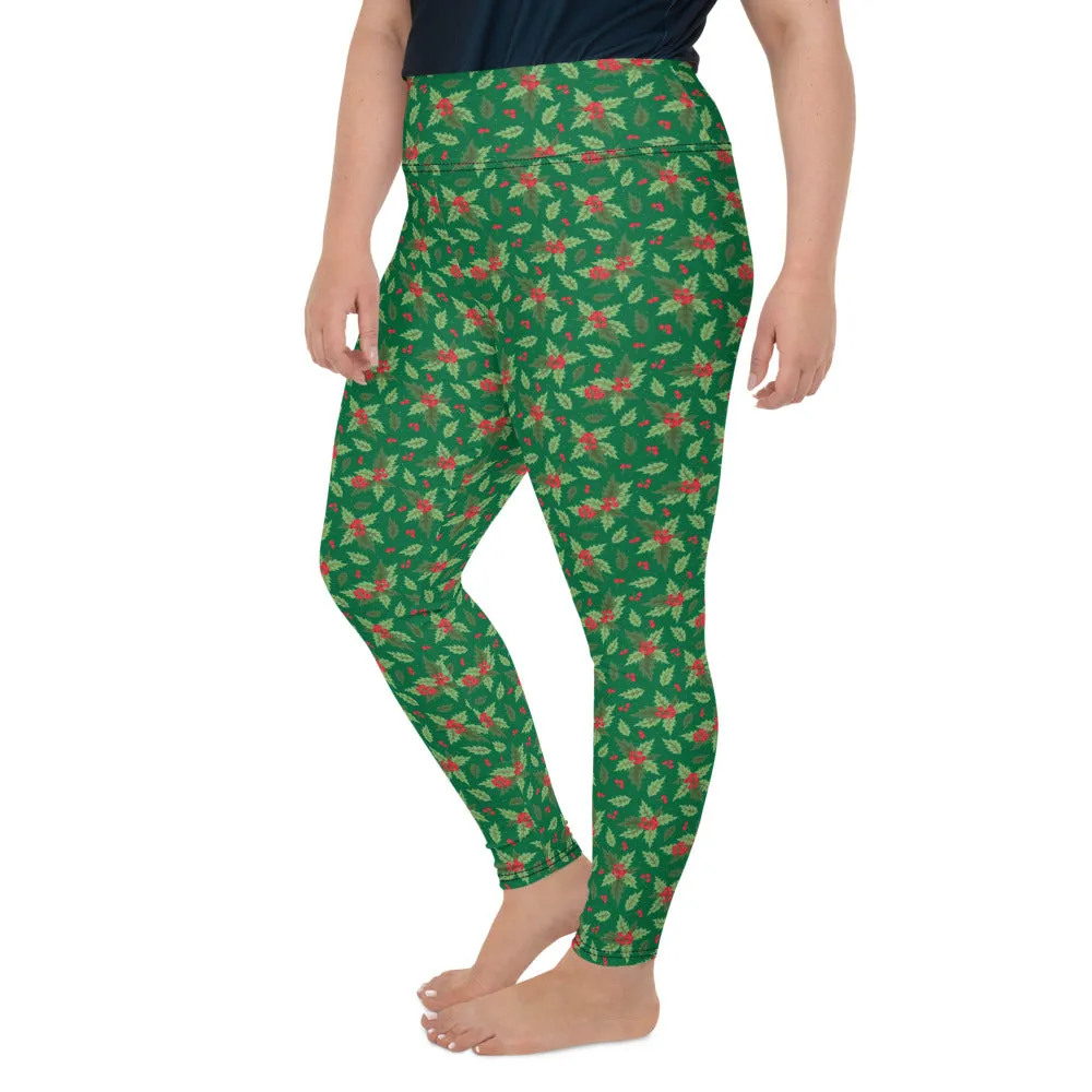 Christmas Holly Plus Size Leggings (Kelly Green)