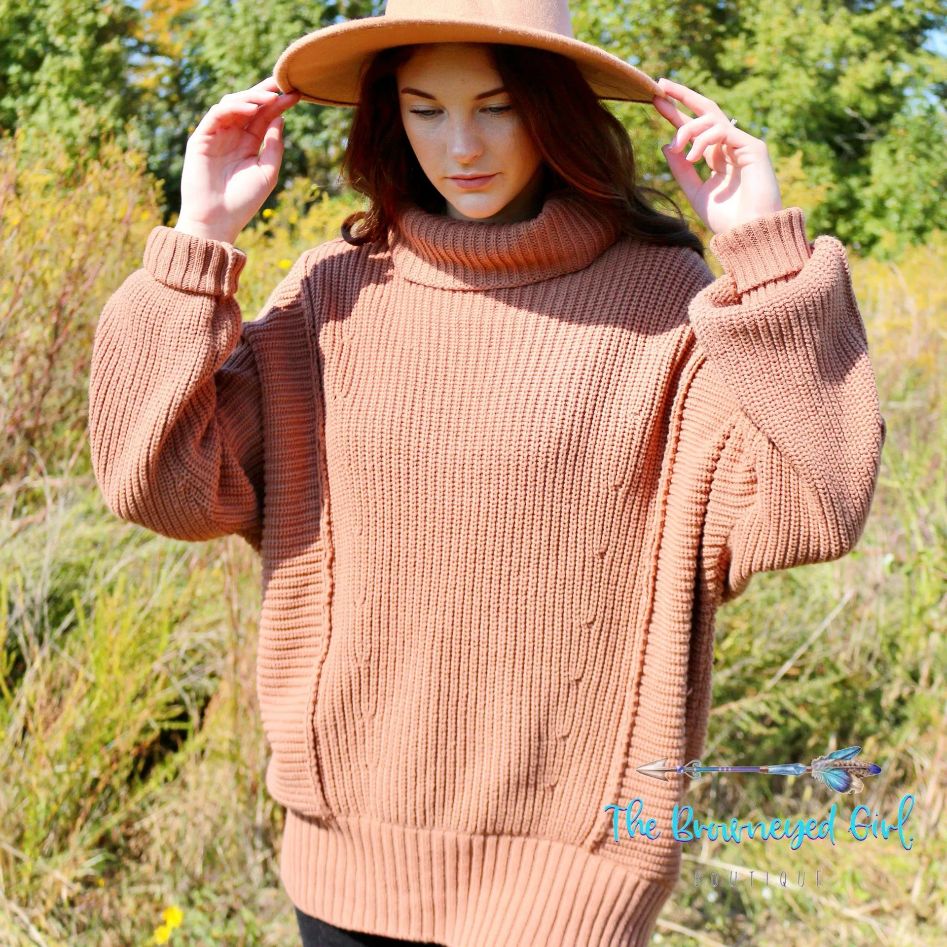 Cuddly Me Oversized Cable Knit Turtleneck Sweater Camel/Black