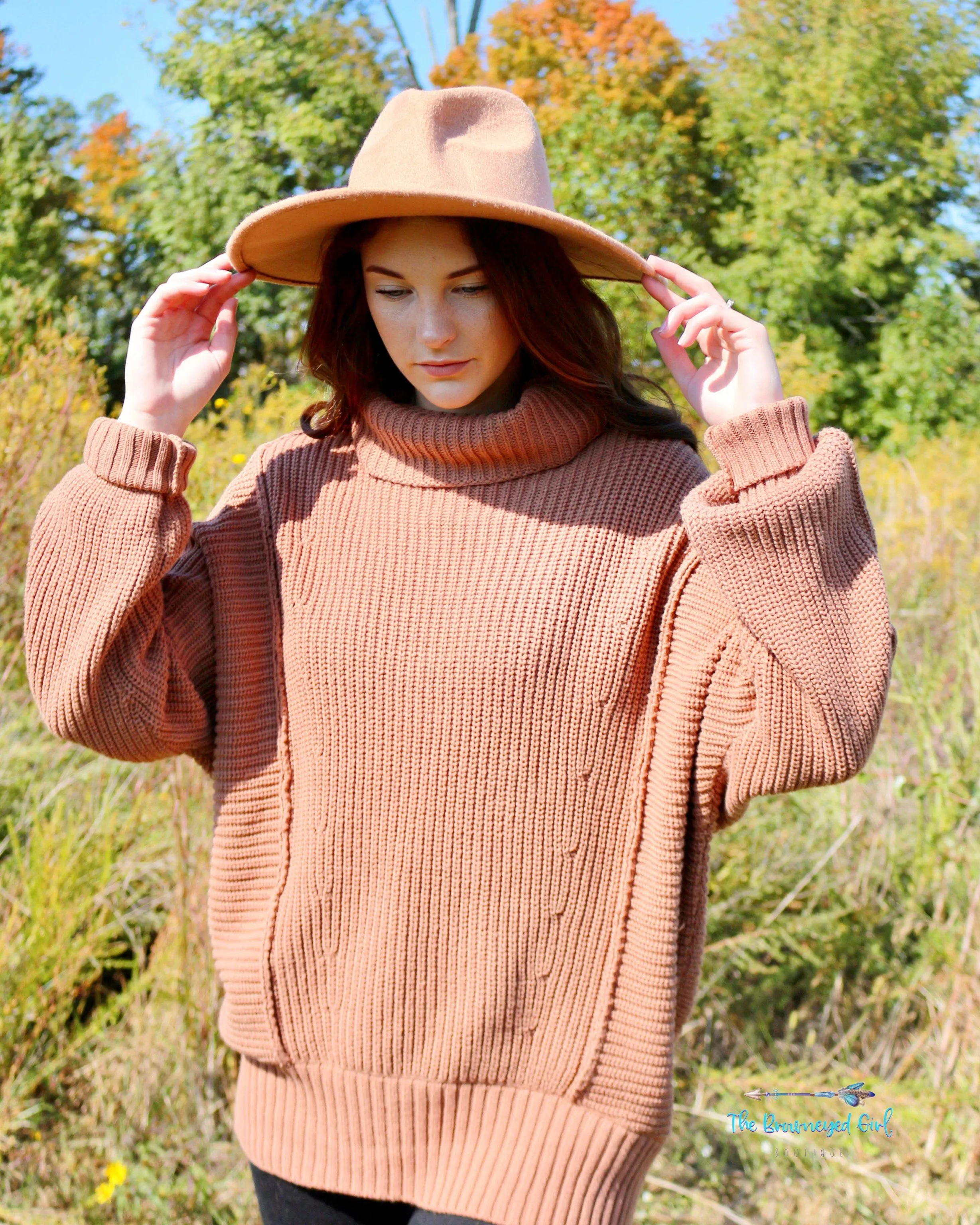 Cuddly Me Oversized Cable Knit Turtleneck Sweater Camel/Black