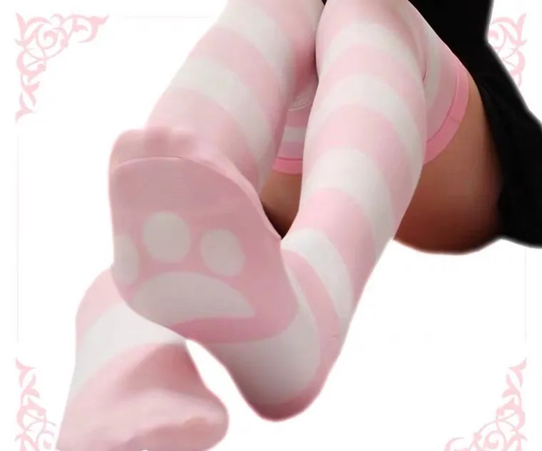 CUTE CAT CLAW BLUE PINK STRIPE KNEE SOCKS BY98222