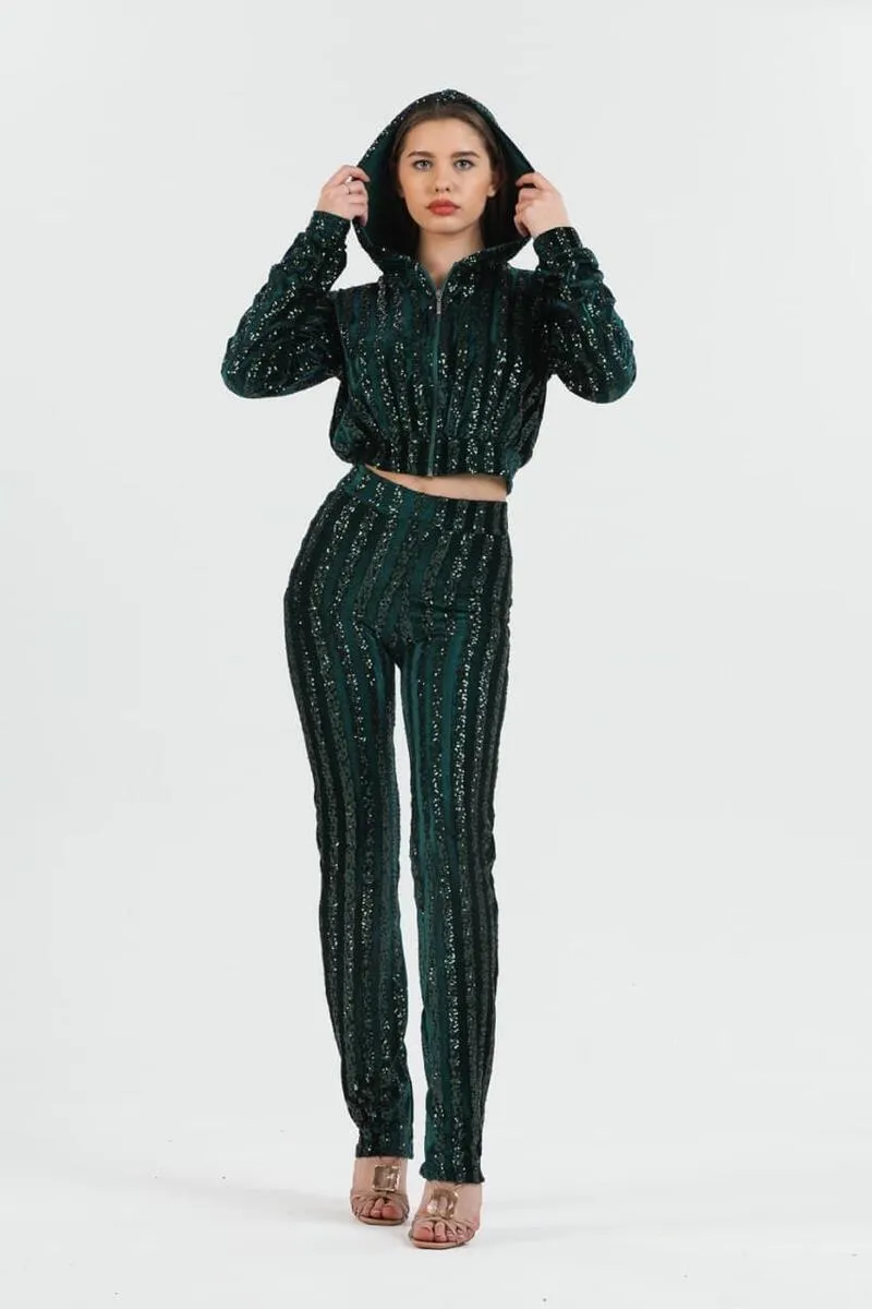 Emerald Elegance: Luxurious Velour & Sequin 2-Piece Set