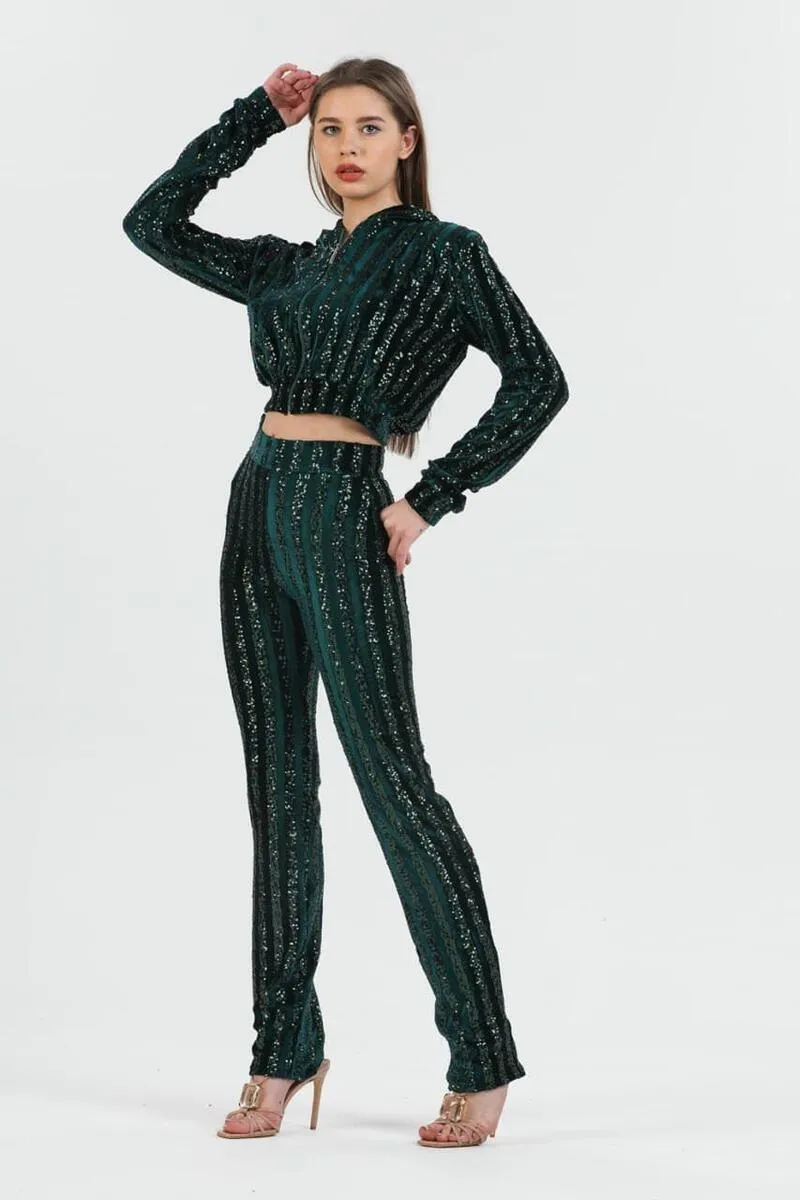 Emerald Elegance: Luxurious Velour & Sequin 2-Piece Set