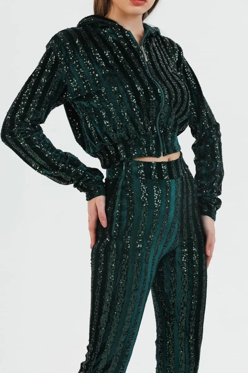 Emerald Elegance: Luxurious Velour & Sequin 2-Piece Set