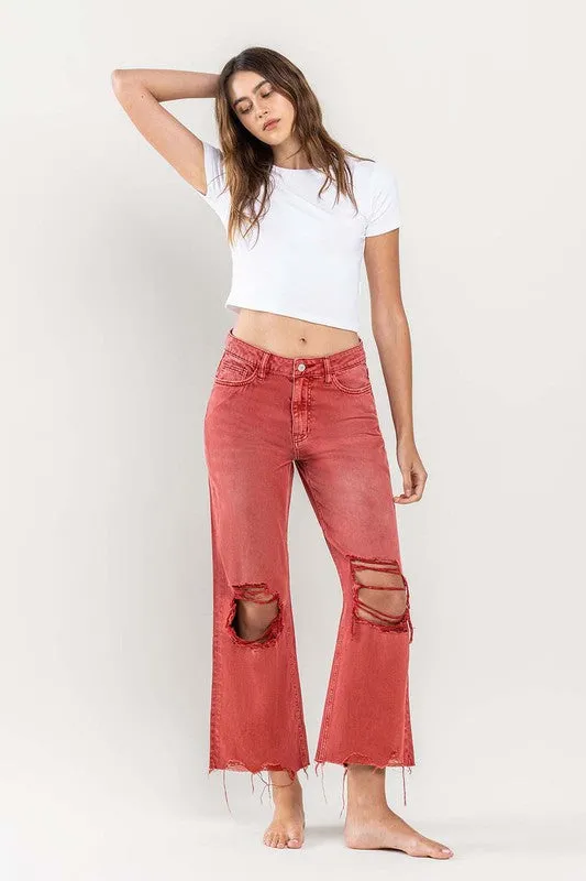 90s Vintage-Inspired High-Waisted Crop Flare Jeans for Women - Trendy Retro Distressed Denim