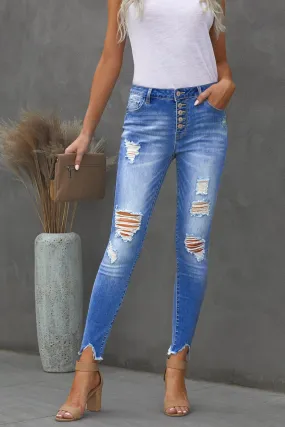 Fashion Blue High Rise Button Front Frayed Ankle Skinny Jeans