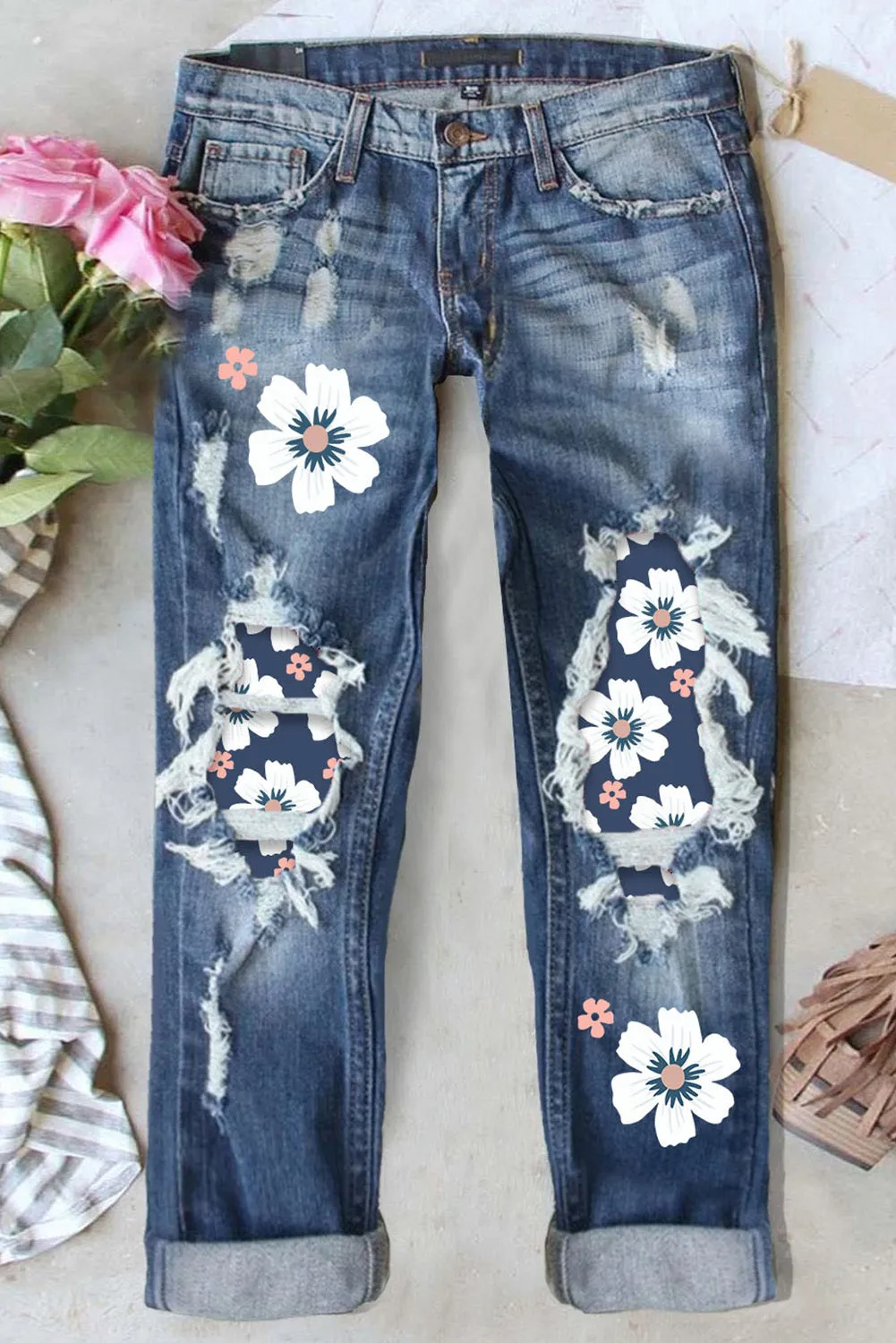 Floral Print Patchwork Jeans Womens Ripped Destroyed Slim Fit Denim Pants