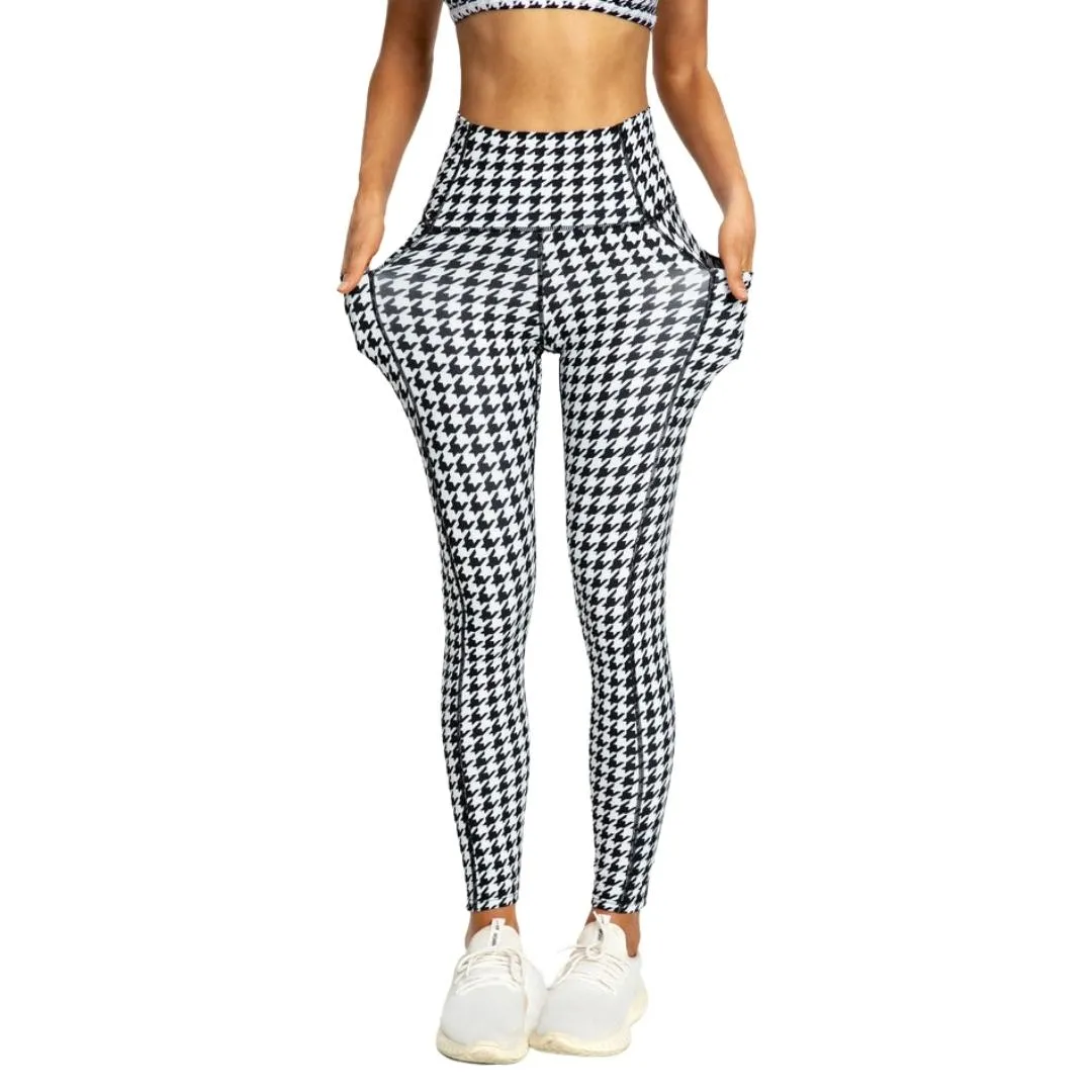 Hallie Houndstooth Print Side Pockets Leggings