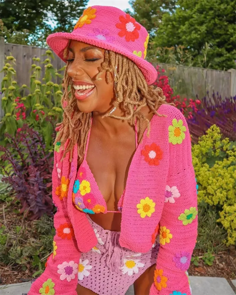 Hot Pink Crochet Cardigan With Multi Colored Daisies Boho Tie Front Festival Sweater With Embroidery Flowers One Size See Our Matching Skirts And Hats!