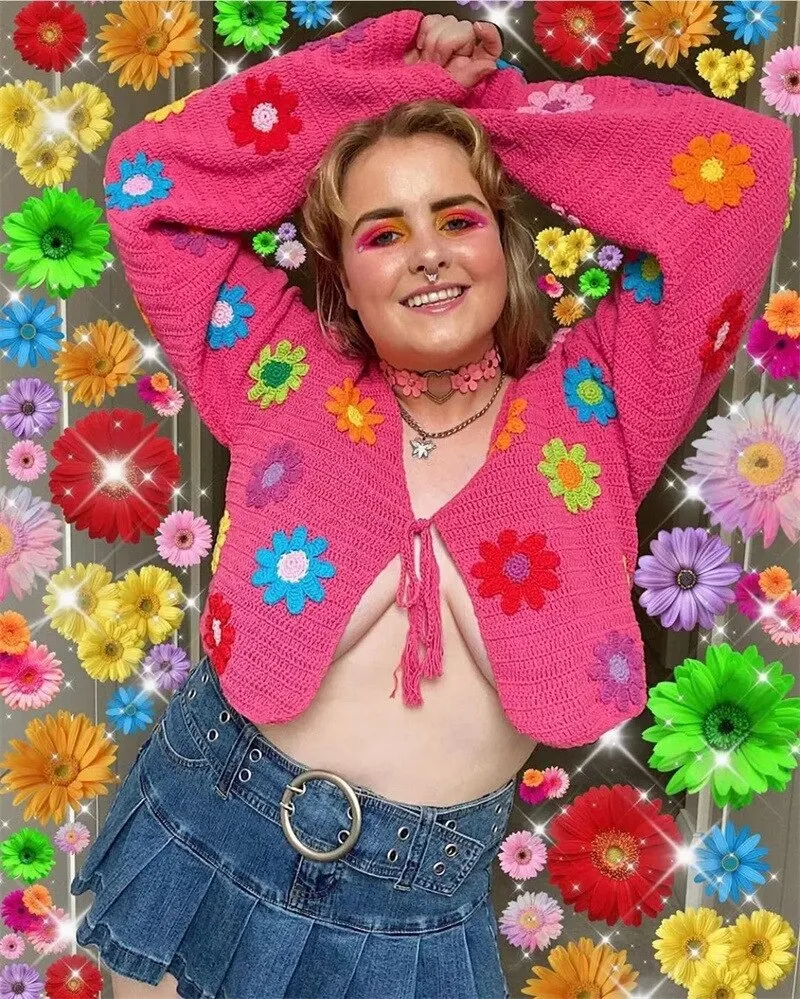 Hot Pink Crochet Cardigan With Multi Colored Daisies Boho Tie Front Festival Sweater With Embroidery Flowers One Size See Our Matching Skirts And Hats!