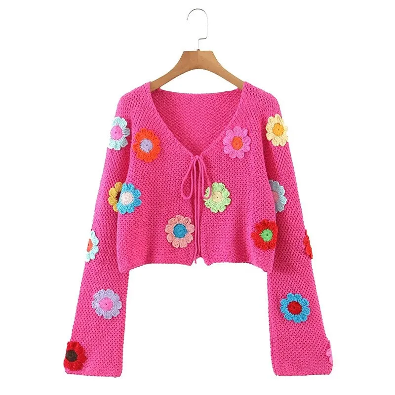 Hot Pink Crochet Cardigan With Multi Colored Daisies Boho Tie Front Festival Sweater With Embroidery Flowers One Size See Our Matching Skirts And Hats!