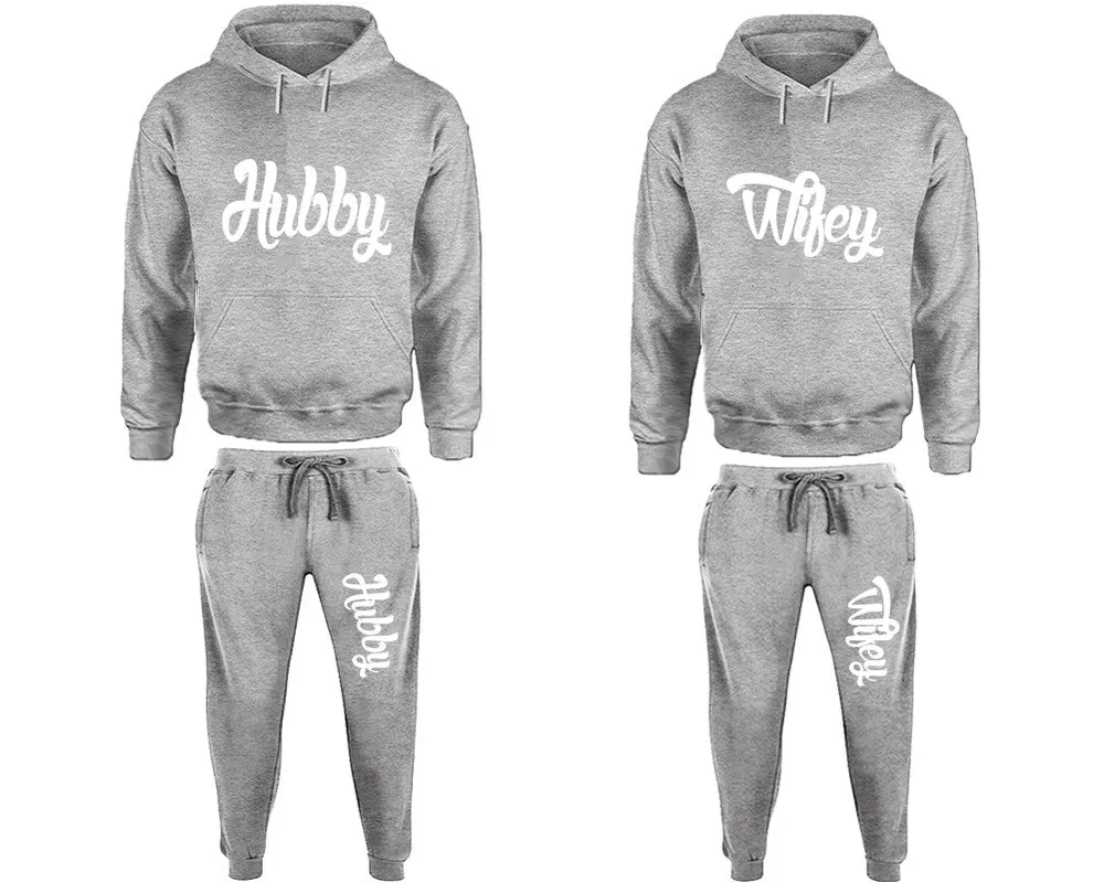 Hubby Wifey Couple Matching Pullover Hoodies and Jogger Pants Top & Bottom Sets