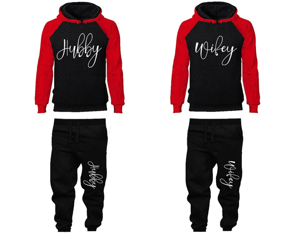 Hubby Wifey Couple Matching Raglan Hoodies and Jogger Pants Top & Bottom Sets