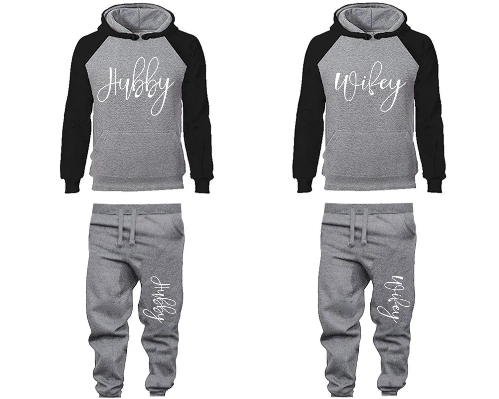 Hubby Wifey Couple Matching Raglan Hoodies and Jogger Pants Top & Bottom Sets