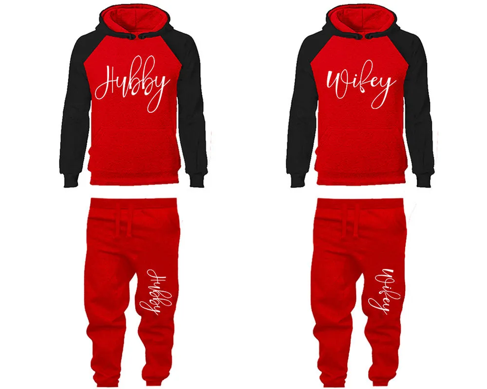 Hubby Wifey Couple Matching Raglan Hoodies and Jogger Pants Top & Bottom Sets