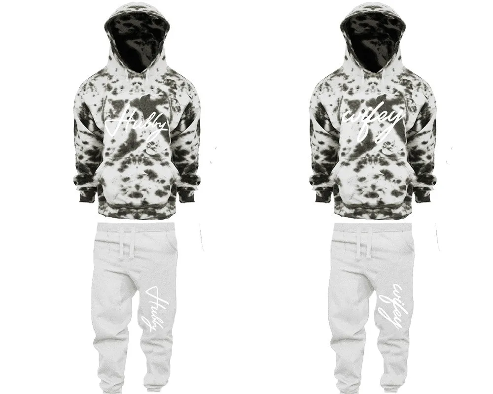 Hubby Wifey Couple Matching Tie Dye Hoodies and Fleece Jogger Pants Sets