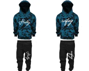 Hubby Wifey Couple Matching Tie Dye Hoodies and Fleece Jogger Pants Sets