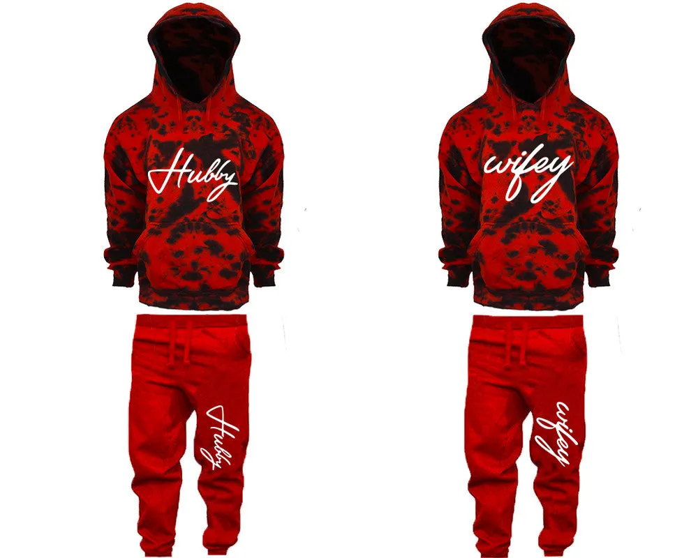 Hubby Wifey Couple Matching Tie Dye Hoodies and Fleece Jogger Pants Sets