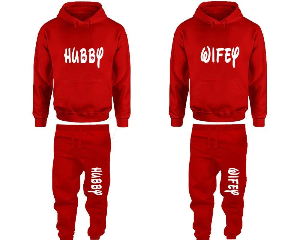 Hubby Wifey Couple Pullover Hoodie and Jogger Pants, Matching Top Bottom Sets