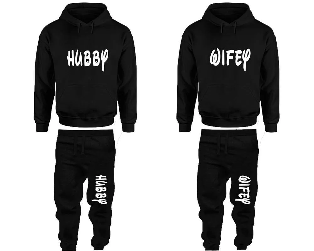 Hubby Wifey Couple Pullover Hoodie and Jogger Pants, Matching Top Bottom Sets