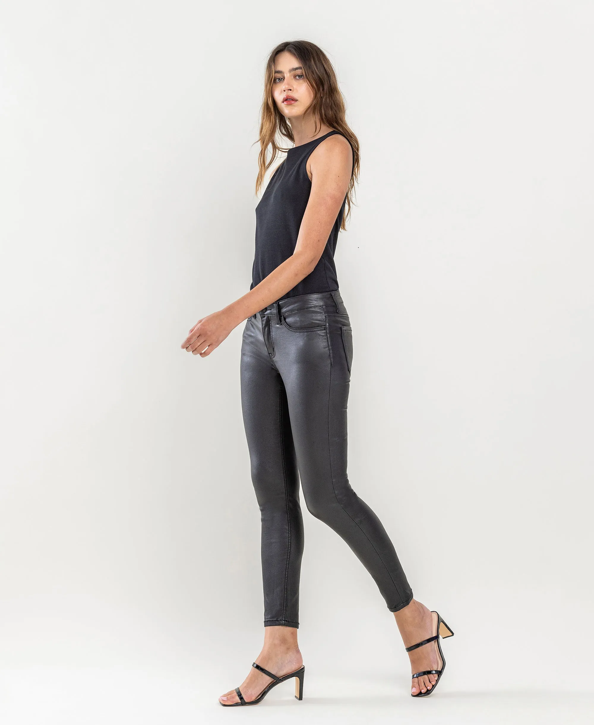 Jet Black - Mid Rise PU Crop Skinny Jeans